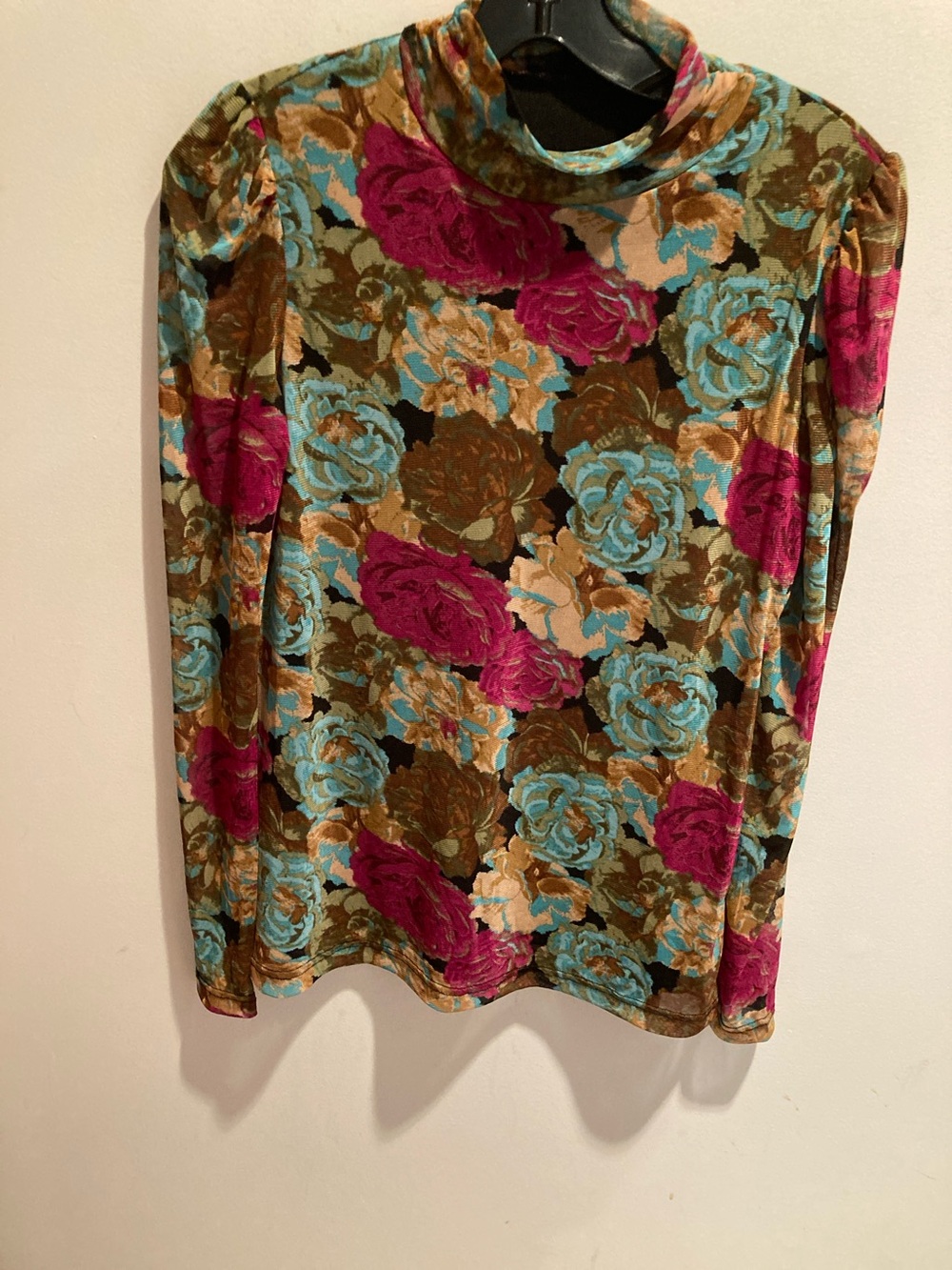 Floral  Long-Sleeve Top in Pink, Teal & Brown lined body, sleeves are sheer